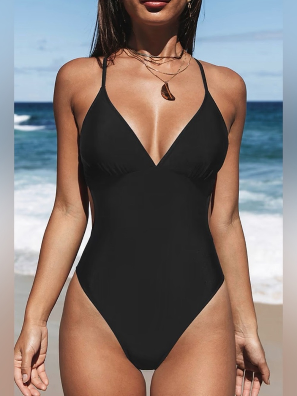 Cupshe Black V-Neck One-Piece Swimsuit - Picture 2 of 5